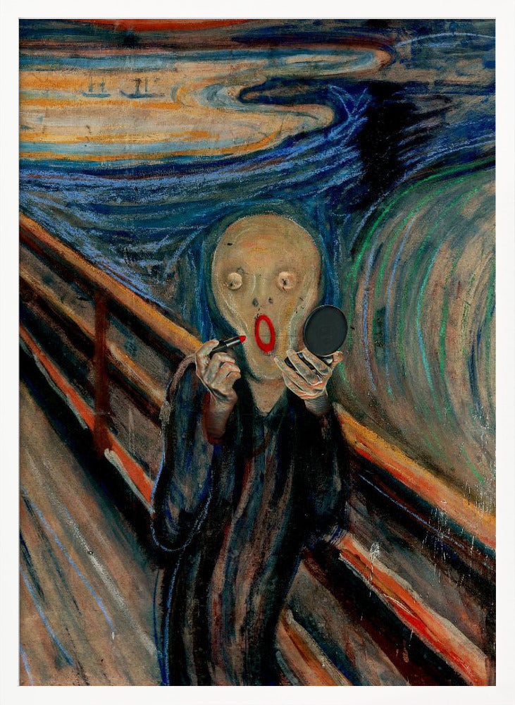 A humorous parody of Edvard Munch's 'The Scream,' where the iconic despairing figure is comically applying bright red lipstick while looking in a handheld mirror against the turbulent, colorful backdrop. Print
