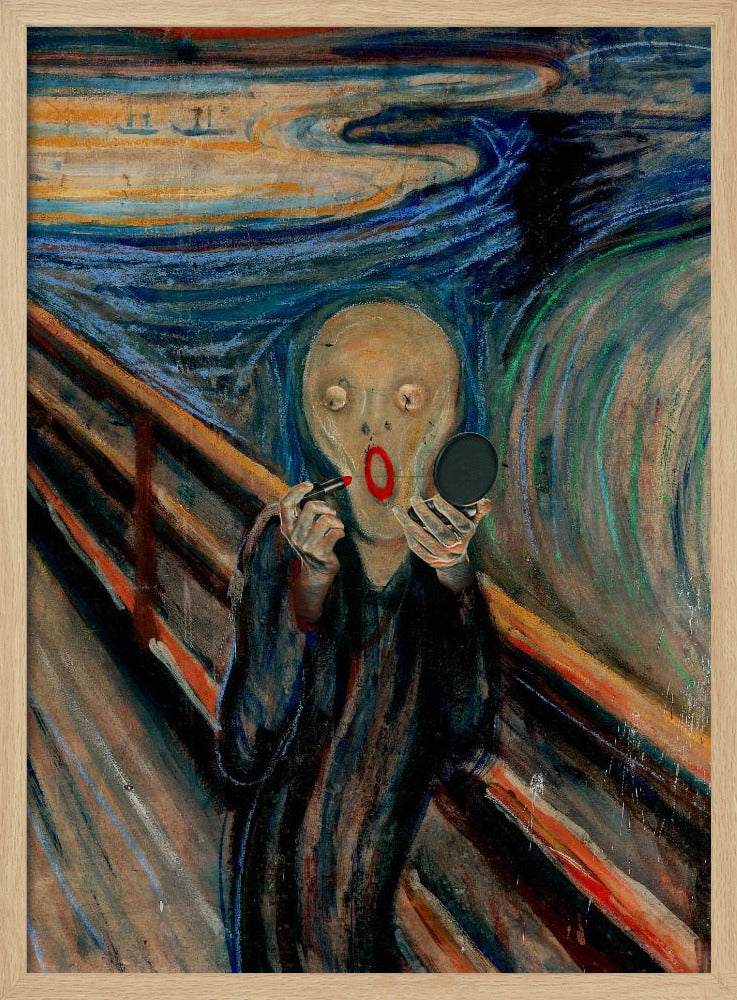 A humorous parody of Edvard Munch's 'The Scream,' where the iconic despairing figure is comically applying bright red lipstick while looking in a handheld mirror against the turbulent, colorful backdrop. Print