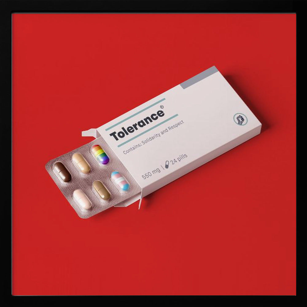A framed conceptual art piece on a bright red background. It features a white medicine box labeled 'Tolerance', with a blister pack of pills emerging. Most pills are in various skin tones, but one is a rainbow pride flag and another is a transgender pride flag. Artwork
