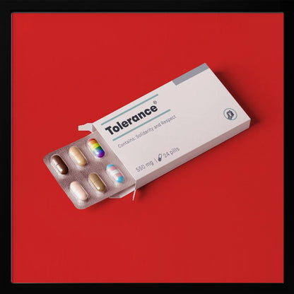A framed conceptual art piece on a bright red background. It features a white medicine box labeled 'Tolerance', with a blister pack of pills emerging. Most pills are in various skin tones, but one is a rainbow pride flag and another is a transgender pride flag. Artwork