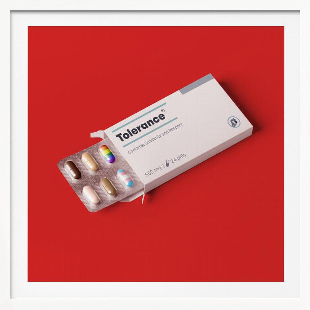 A framed conceptual art piece on a bright red background. It features a white medicine box labeled 'Tolerance', with a blister pack of pills emerging. Most pills are in various skin tones, but one is a rainbow pride flag and another is a transgender pride flag. Artwork