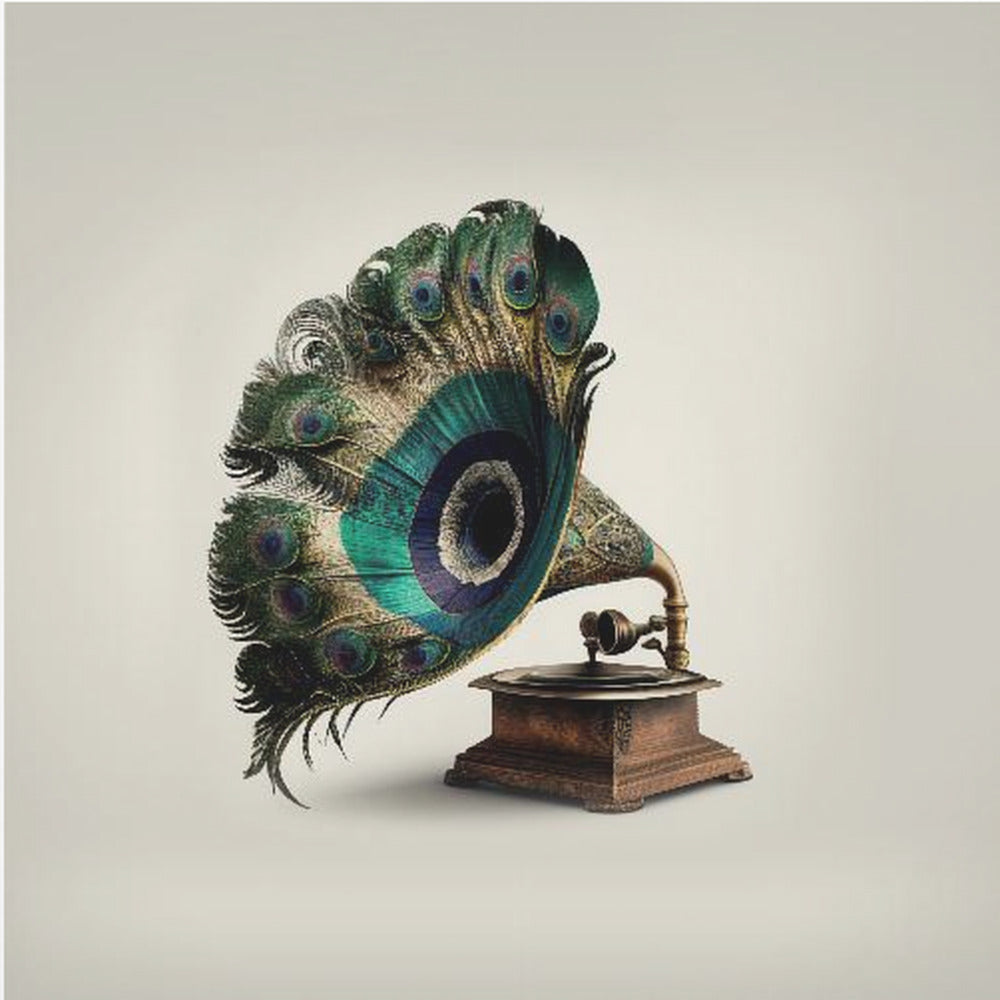 A surrealist artwork of a vintage gramophone where the horn is replaced by a large, fanned-out array of vibrant peacock feathers, complete with their iconic green and blue eye spots. The gramophone has a dark wood base and is set against a plain, off-white background, all within a light-colored wooden frame. Artwork