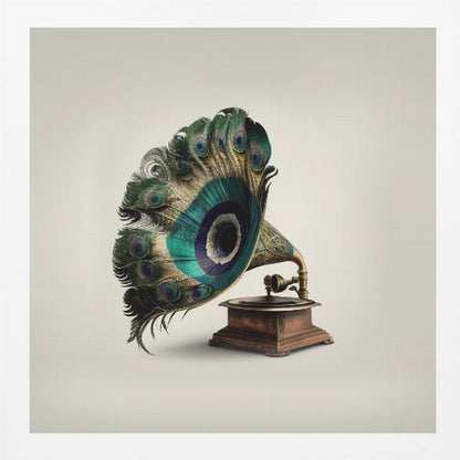 A surrealist artwork of a vintage gramophone where the horn is replaced by a large, fanned-out array of vibrant peacock feathers, complete with their iconic green and blue eye spots. The gramophone has a dark wood base and is set against a plain, off-white background, all within a light-colored wooden frame. Artwork