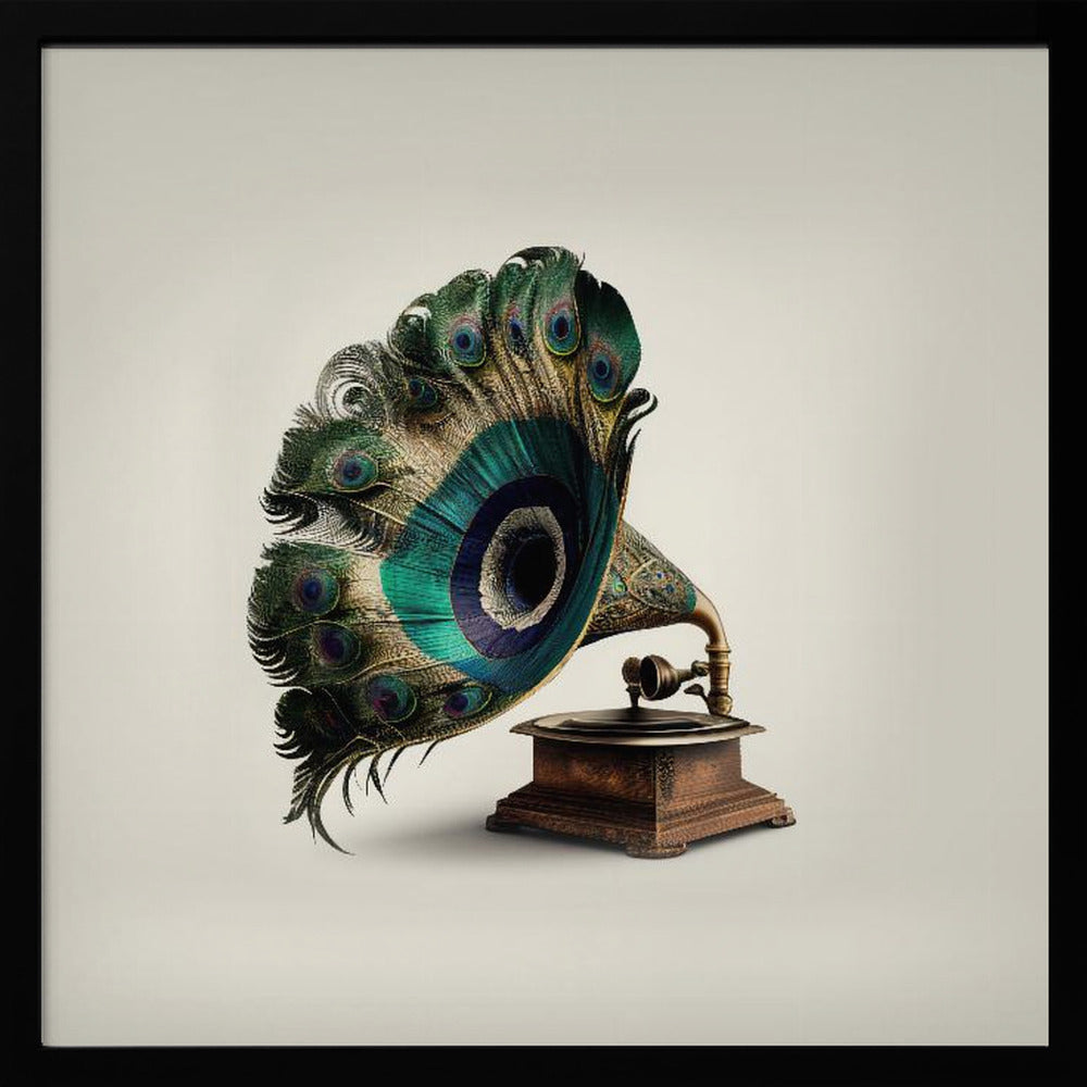 A surrealist artwork of a vintage gramophone where the horn is replaced by a large, fanned-out array of vibrant peacock feathers, complete with their iconic green and blue eye spots. The gramophone has a dark wood base and is set against a plain, off-white background, all within a light-colored wooden frame. Artwork
