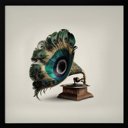 A surrealist artwork of a vintage gramophone where the horn is replaced by a large, fanned-out array of vibrant peacock feathers, complete with their iconic green and blue eye spots. The gramophone has a dark wood base and is set against a plain, off-white background, all within a light-colored wooden frame. Artwork