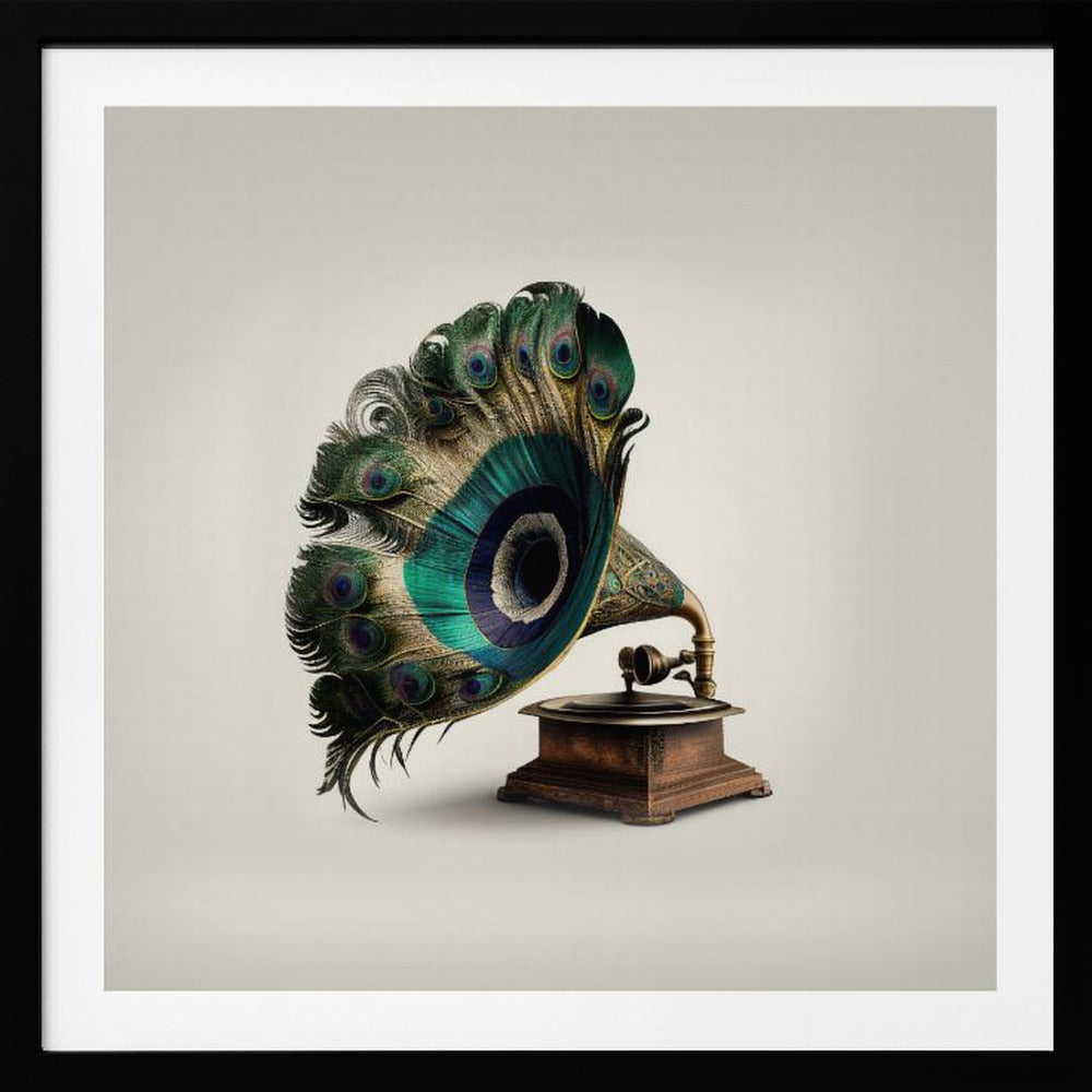 A surrealist artwork of a vintage gramophone where the horn is replaced by a large, fanned-out array of vibrant peacock feathers, complete with their iconic green and blue eye spots. The gramophone has a dark wood base and is set against a plain, off-white background, all within a light-colored wooden frame. Artwork