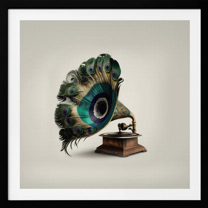 A surrealist artwork of a vintage gramophone where the horn is replaced by a large, fanned-out array of vibrant peacock feathers, complete with their iconic green and blue eye spots. The gramophone has a dark wood base and is set against a plain, off-white background, all within a light-colored wooden frame. Artwork