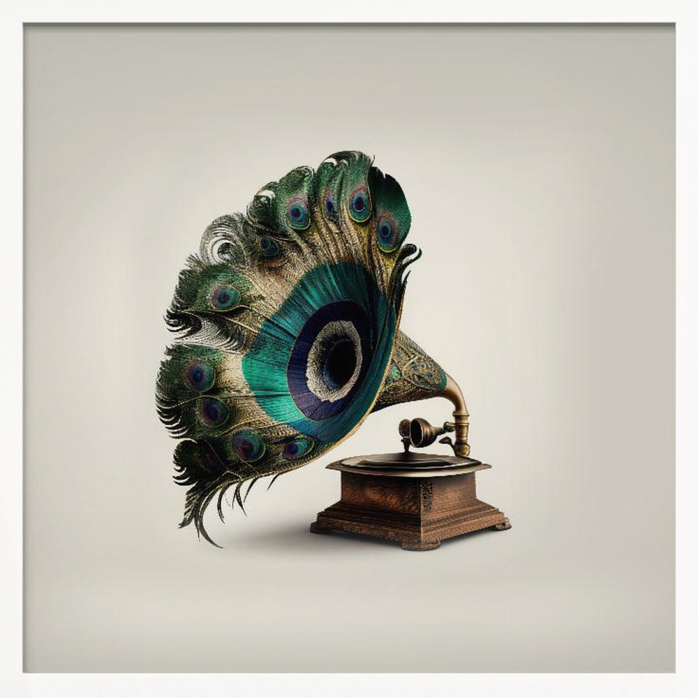 A surrealist artwork of a vintage gramophone where the horn is replaced by a large, fanned-out array of vibrant peacock feathers, complete with their iconic green and blue eye spots. The gramophone has a dark wood base and is set against a plain, off-white background, all within a light-colored wooden frame. Artwork