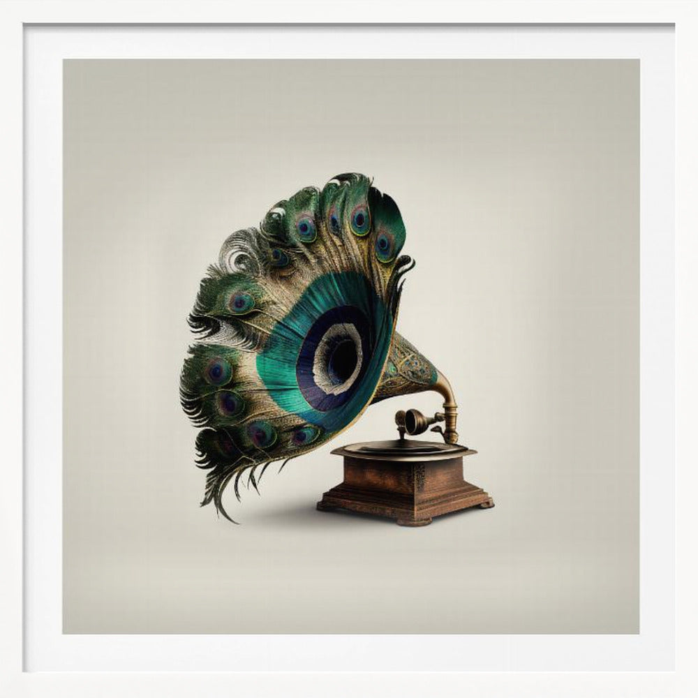 A surrealist artwork of a vintage gramophone where the horn is replaced by a large, fanned-out array of vibrant peacock feathers, complete with their iconic green and blue eye spots. The gramophone has a dark wood base and is set against a plain, off-white background, all within a light-colored wooden frame. Artwork