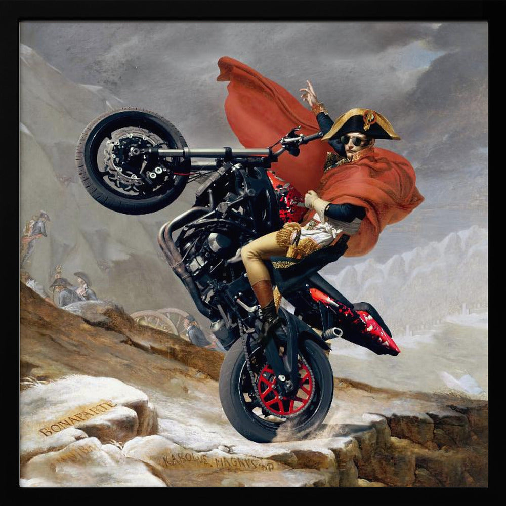 A framed parody artwork of the classic painting 'Napoleon Crossing the Alps.' Instead of a horse, Napoleon Bonaparte is performing a dramatic wheelie on a modern black and red motorcycle. He wears sunglasses, his signature bicorne hat, and a flowing red cape against a snowy, mountainous backdrop. Print