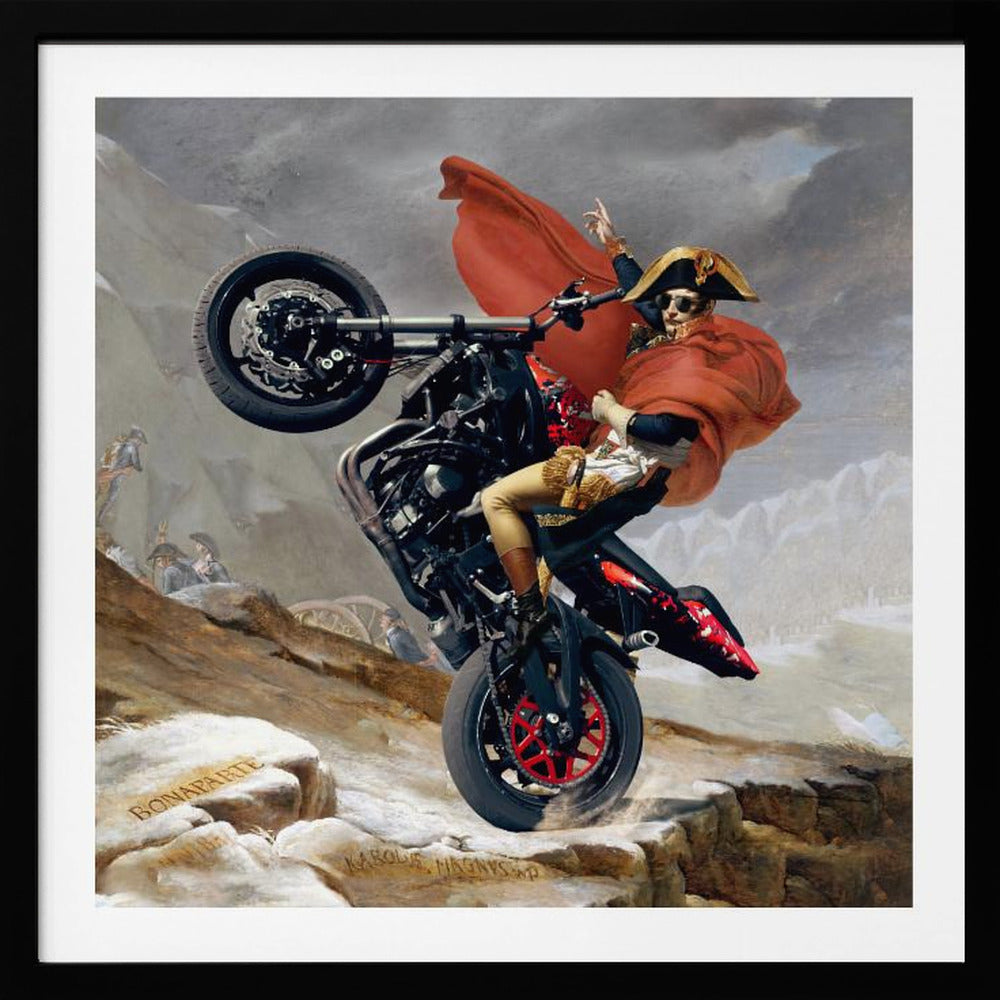 A framed parody artwork of the classic painting 'Napoleon Crossing the Alps.' Instead of a horse, Napoleon Bonaparte is performing a dramatic wheelie on a modern black and red motorcycle. He wears sunglasses, his signature bicorne hat, and a flowing red cape against a snowy, mountainous backdrop. Print