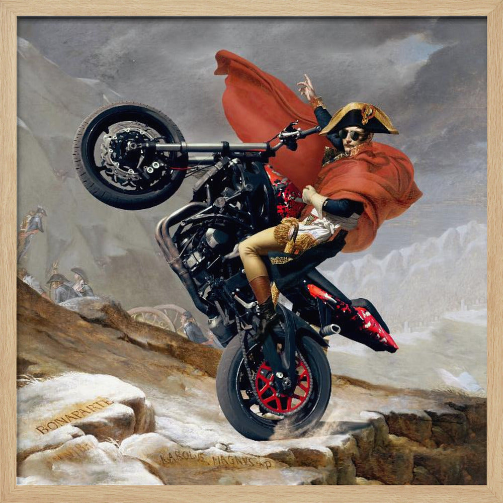 A framed parody artwork of the classic painting 'Napoleon Crossing the Alps.' Instead of a horse, Napoleon Bonaparte is performing a dramatic wheelie on a modern black and red motorcycle. He wears sunglasses, his signature bicorne hat, and a flowing red cape against a snowy, mountainous backdrop. Print