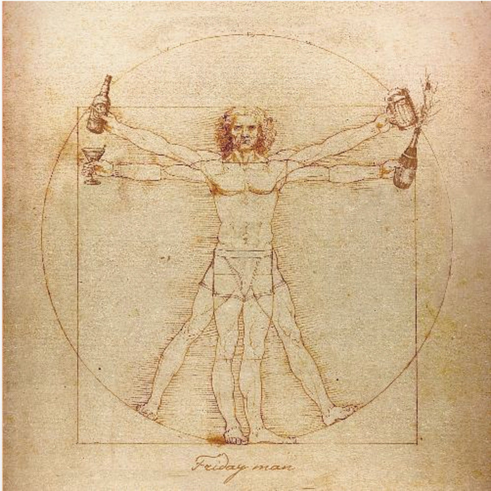 A humorous parody of Leonardo da Vinci's Vitruvian Man, drawn in a sepia-toned, vintage style. The figure, labeled 'Friday man', is depicted with four arms holding a beer bottle, a cocktail glass, a beer mug, and a champagne bottle, all within the classic circle and square. The image is presented in a light wood frame. Poster