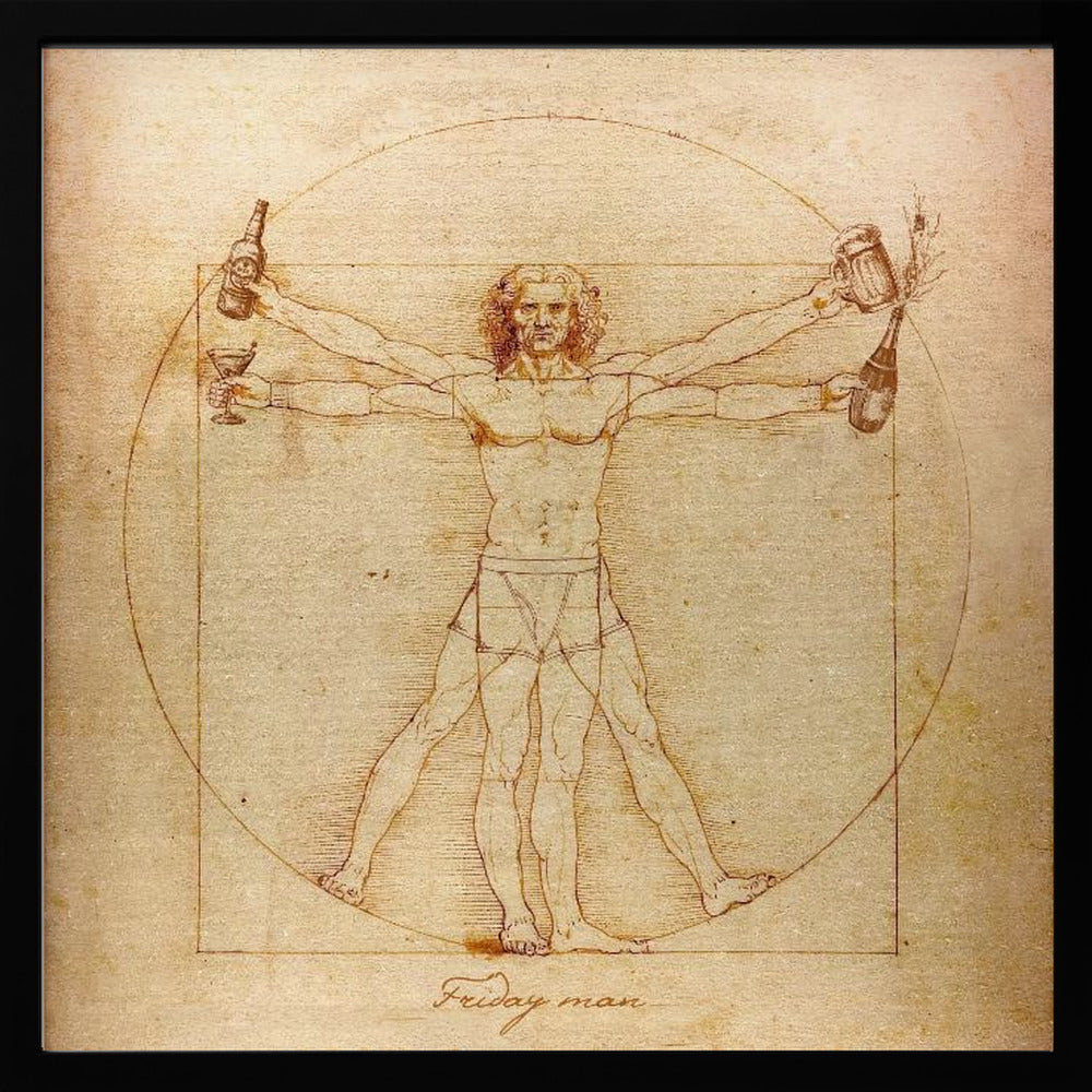 A humorous parody of Leonardo da Vinci's Vitruvian Man, drawn in a sepia-toned, vintage style. The figure, labeled 'Friday man', is depicted with four arms holding a beer bottle, a cocktail glass, a beer mug, and a champagne bottle, all within the classic circle and square. The image is presented in a light wood frame. Poster