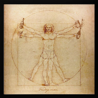 A humorous parody of Leonardo da Vinci's Vitruvian Man, drawn in a sepia-toned, vintage style. The figure, labeled 'Friday man', is depicted with four arms holding a beer bottle, a cocktail glass, a beer mug, and a champagne bottle, all within the classic circle and square. The image is presented in a light wood frame. Poster