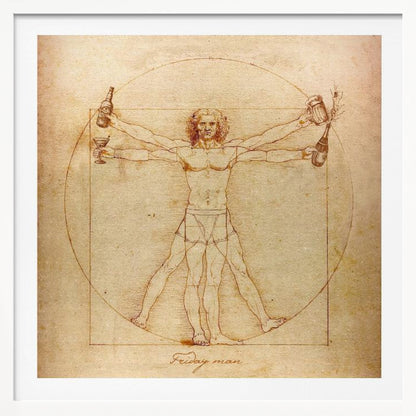 A humorous parody of Leonardo da Vinci's Vitruvian Man, drawn in a sepia-toned, vintage style. The figure, labeled 'Friday man', is depicted with four arms holding a beer bottle, a cocktail glass, a beer mug, and a champagne bottle, all within the classic circle and square. The image is presented in a light wood frame. Poster