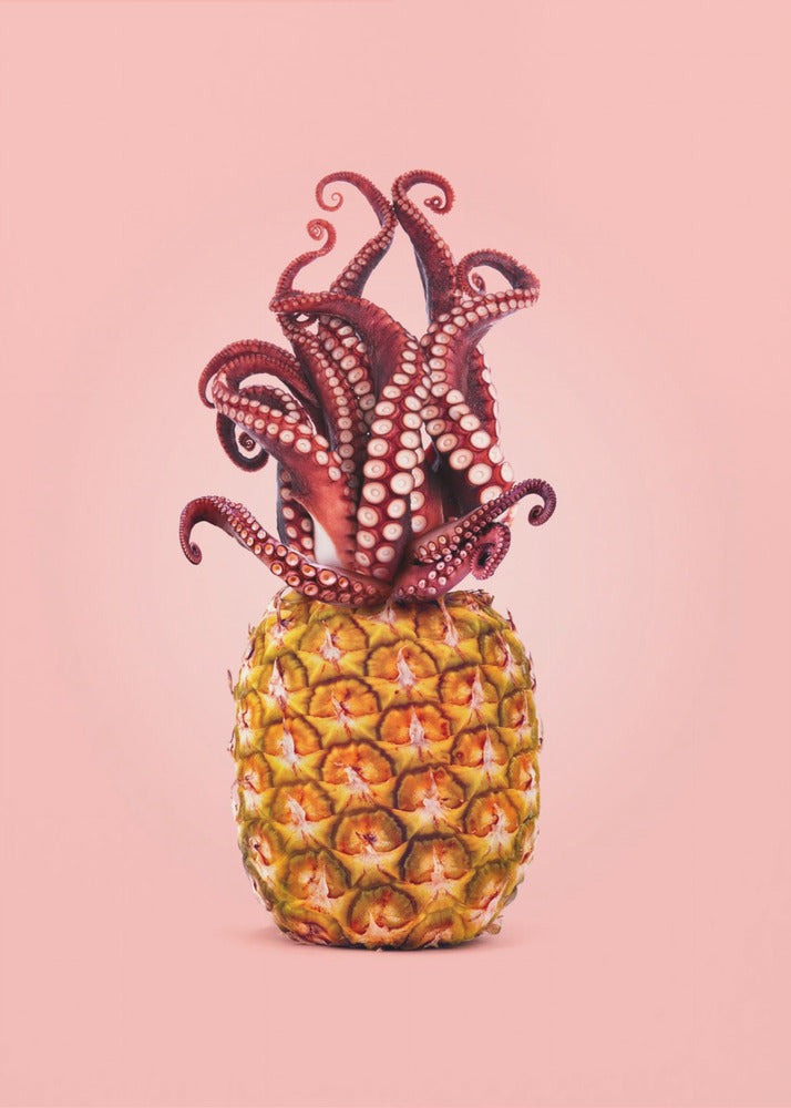A surreal art print featuring a red octopus sitting atop a yellow pineapple, its tentacles curled upward like a crown, all against a solid light pink background within a black frame. Poster