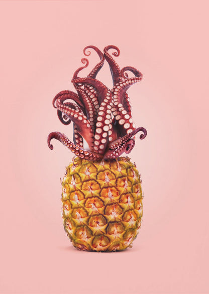 A surreal art print featuring a red octopus sitting atop a yellow pineapple, its tentacles curled upward like a crown, all against a solid light pink background within a black frame. Poster