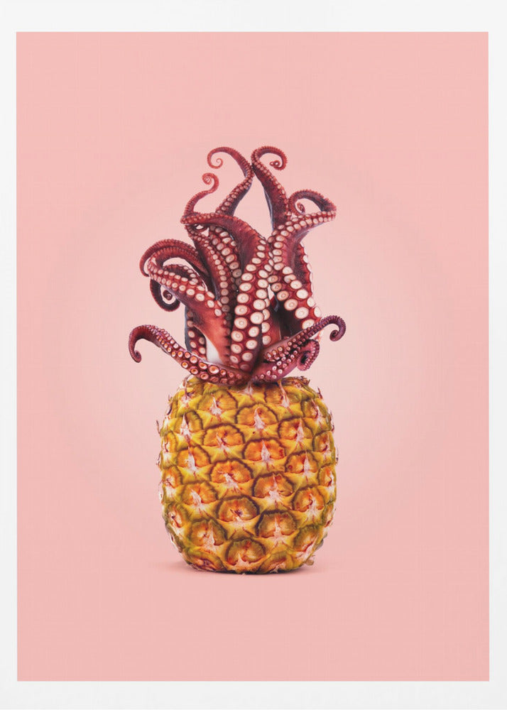A surreal art print featuring a red octopus sitting atop a yellow pineapple, its tentacles curled upward like a crown, all against a solid light pink background within a black frame. Poster