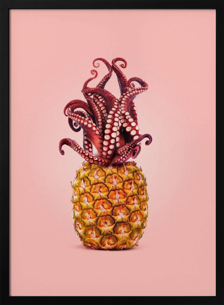 A surreal art print featuring a red octopus sitting atop a yellow pineapple, its tentacles curled upward like a crown, all against a solid light pink background within a black frame. Poster