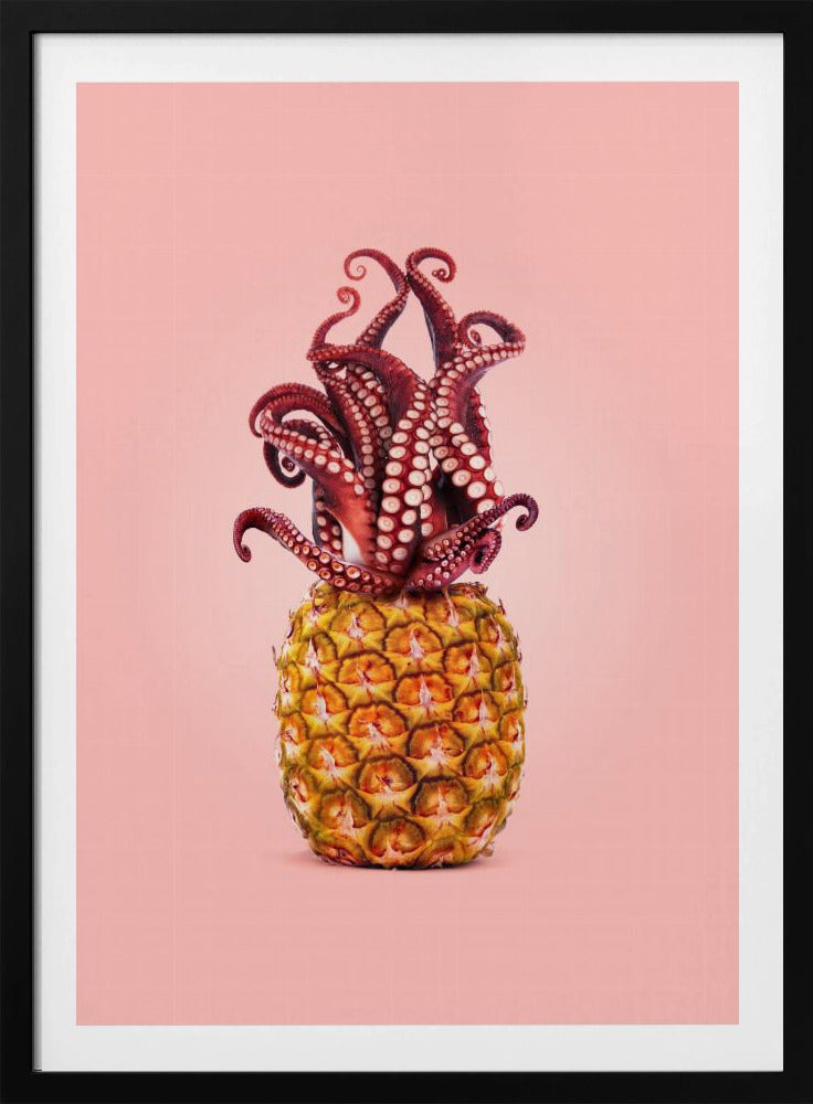 A surreal art print featuring a red octopus sitting atop a yellow pineapple, its tentacles curled upward like a crown, all against a solid light pink background within a black frame. Poster