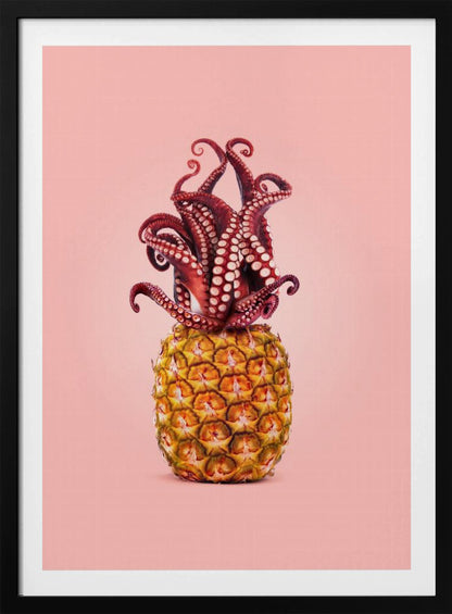 A surreal art print featuring a red octopus sitting atop a yellow pineapple, its tentacles curled upward like a crown, all against a solid light pink background within a black frame. Poster