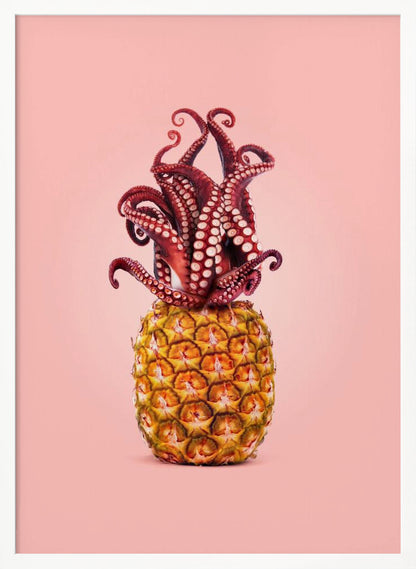 A surreal art print featuring a red octopus sitting atop a yellow pineapple, its tentacles curled upward like a crown, all against a solid light pink background within a black frame. Poster