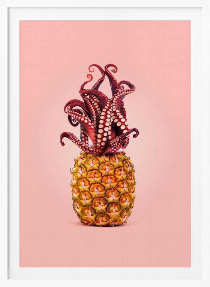 A surreal art print featuring a red octopus sitting atop a yellow pineapple, its tentacles curled upward like a crown, all against a solid light pink background within a black frame. Poster