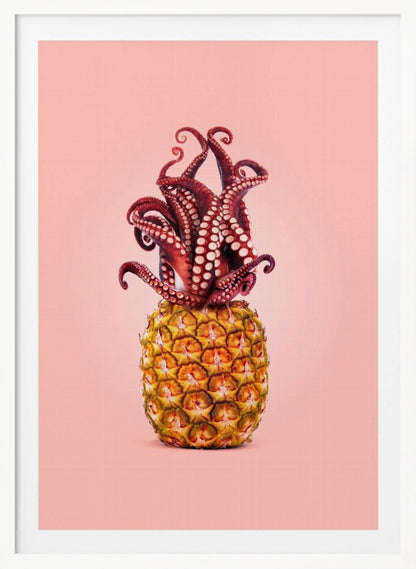 A surreal art print featuring a red octopus sitting atop a yellow pineapple, its tentacles curled upward like a crown, all against a solid light pink background within a black frame. Poster