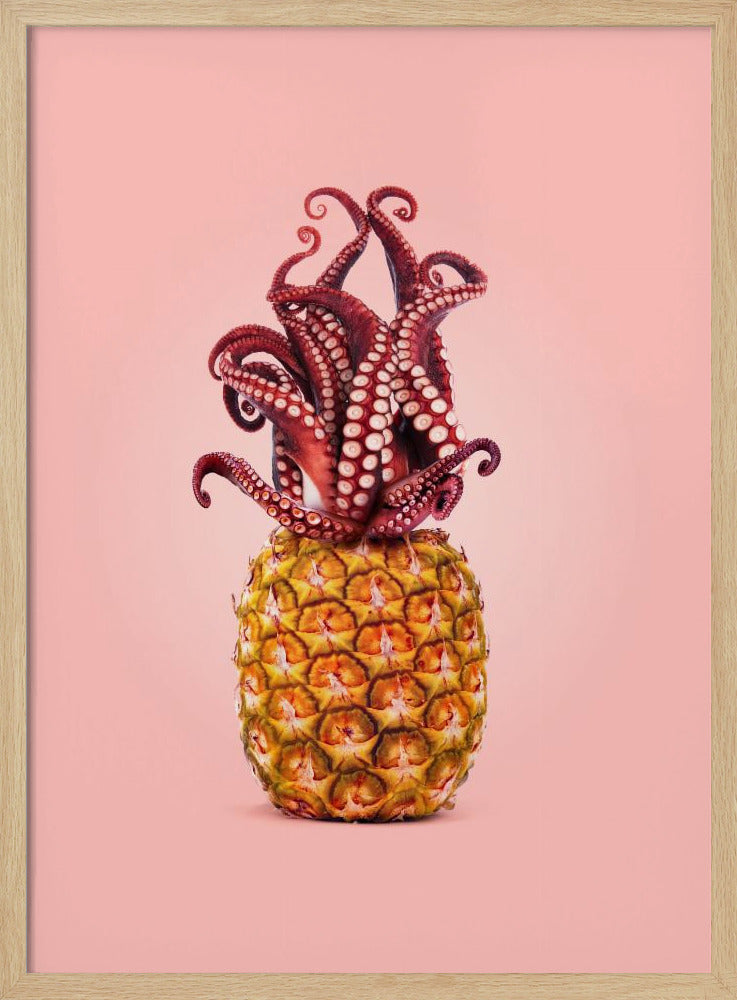 A surreal art print featuring a red octopus sitting atop a yellow pineapple, its tentacles curled upward like a crown, all against a solid light pink background within a black frame. Poster