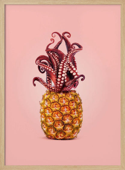 A surreal art print featuring a red octopus sitting atop a yellow pineapple, its tentacles curled upward like a crown, all against a solid light pink background within a black frame. Poster