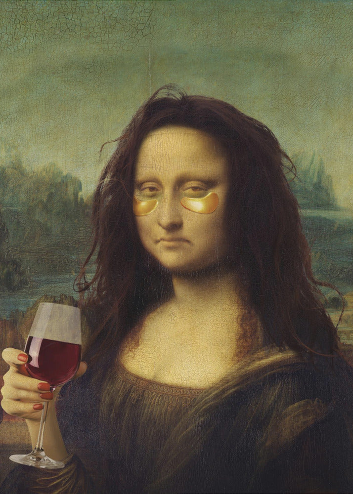 A humorous digital alteration of the Mona Lisa painting where she appears tired with messy hair, wearing gold under-eye masks, and holding a glass of red wine. Artwork