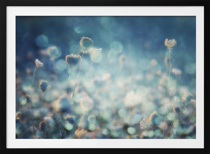 A dreamy, soft-focus photograph of dried wildflowers silhouetted against a shimmering background of blue and white bokeh lights, creating a magical and ethereal atmosphere. The artwork is presented in a brushed silver frame. Wall Art