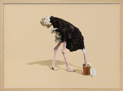 A humorous and surreal image of a black and white ostrich with its head buried inside a disposable coffee cup, set against a plain beige background and enclosed in a silver frame. Decor