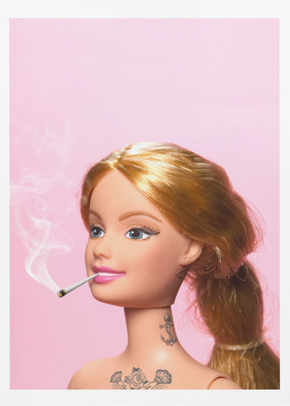 A close-up photograph of a blonde doll, resembling Barbie, with tattoos on her neck and chest, smoking a joint against a solid pink background. Smoke curls upwards from the lit cigarette in her pink-lipsticked mouth. Artwork