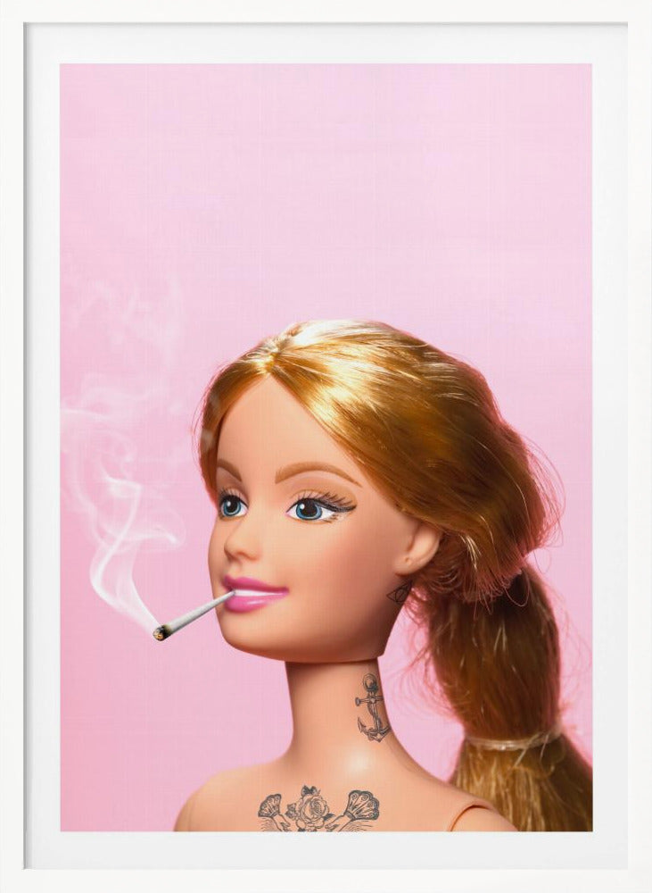A close-up photograph of a blonde doll, resembling Barbie, with tattoos on her neck and chest, smoking a joint against a solid pink background. Smoke curls upwards from the lit cigarette in her pink-lipsticked mouth. Artwork