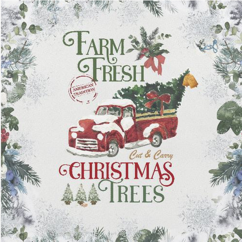 A vintage-style Christmas art print in a light wood frame. It features a watercolor illustration of a classic red pickup truck carrying a Christmas tree, with snow on its hood and roof. The text reads 'Farm Fresh Cut & Carry Christmas Trees' in festive green and red fonts. The background is white with a decorative border of frosted greenery and snowflakes. Wall Art