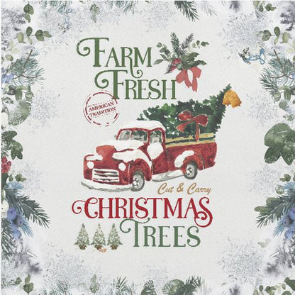 A vintage-style Christmas art print in a light wood frame. It features a watercolor illustration of a classic red pickup truck carrying a Christmas tree, with snow on its hood and roof. The text reads 'Farm Fresh Cut & Carry Christmas Trees' in festive green and red fonts. The background is white with a decorative border of frosted greenery and snowflakes. Wall Art