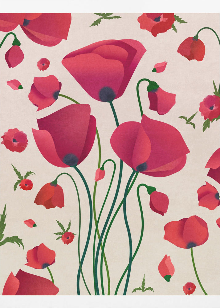 A stylized art print of various red poppy flowers against a light cream background. A central cluster of large poppies with long green stems is surrounded by smaller flowers, buds, and floating petals, creating a dynamic floral pattern inside a black frame. Wall Art