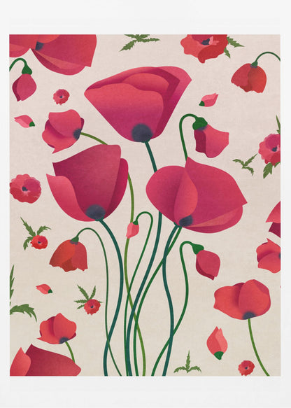 A stylized art print of various red poppy flowers against a light cream background. A central cluster of large poppies with long green stems is surrounded by smaller flowers, buds, and floating petals, creating a dynamic floral pattern inside a black frame. Wall Art
