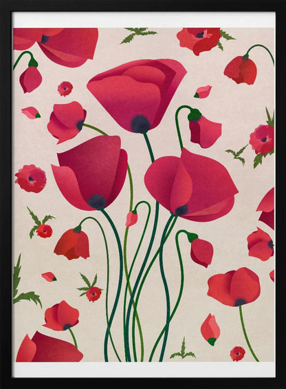 A stylized art print of various red poppy flowers against a light cream background. A central cluster of large poppies with long green stems is surrounded by smaller flowers, buds, and floating petals, creating a dynamic floral pattern inside a black frame. Wall Art
