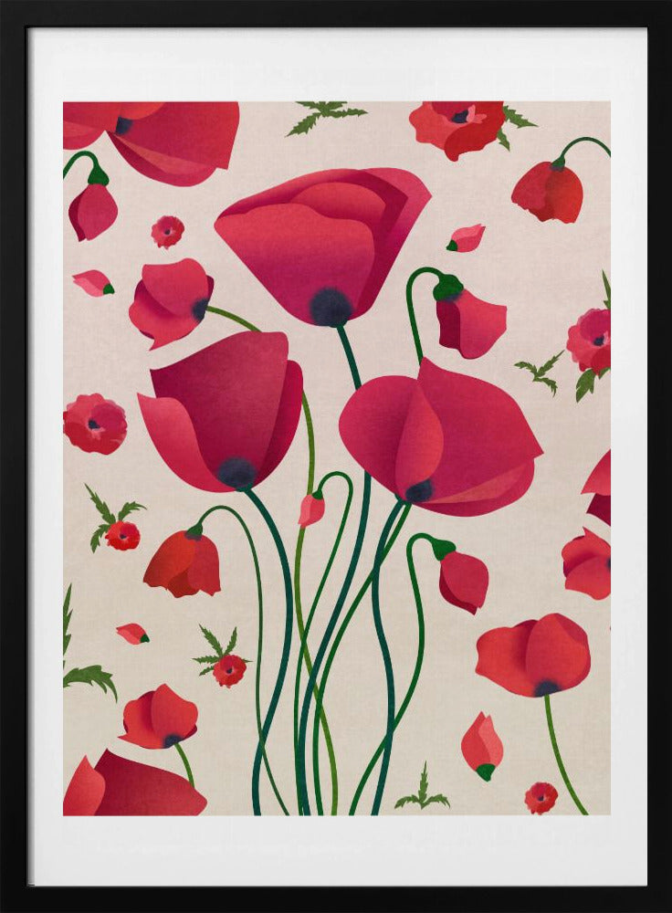 A stylized art print of various red poppy flowers against a light cream background. A central cluster of large poppies with long green stems is surrounded by smaller flowers, buds, and floating petals, creating a dynamic floral pattern inside a black frame. Wall Art