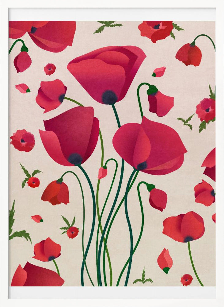 A stylized art print of various red poppy flowers against a light cream background. A central cluster of large poppies with long green stems is surrounded by smaller flowers, buds, and floating petals, creating a dynamic floral pattern inside a black frame. Wall Art