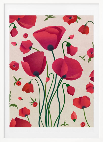 A stylized art print of various red poppy flowers against a light cream background. A central cluster of large poppies with long green stems is surrounded by smaller flowers, buds, and floating petals, creating a dynamic floral pattern inside a black frame. Wall Art