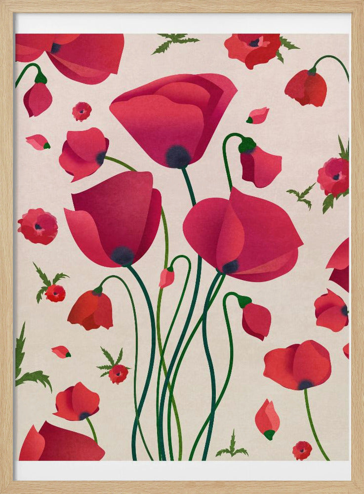 A stylized art print of various red poppy flowers against a light cream background. A central cluster of large poppies with long green stems is surrounded by smaller flowers, buds, and floating petals, creating a dynamic floral pattern inside a black frame. Wall Art