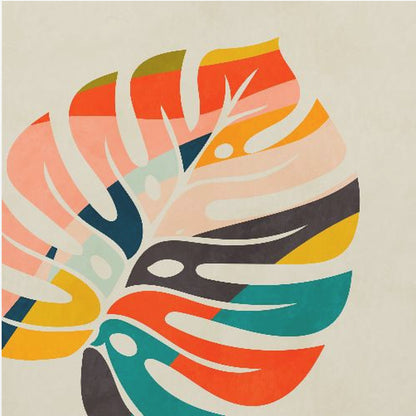 A framed abstract artwork featuring a stylized Monstera leaf. The leaf is composed of various colorful blocks and stripes in orange, teal, pink, and dark blue, set against a beige background. Print