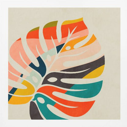 A framed abstract artwork featuring a stylized Monstera leaf. The leaf is composed of various colorful blocks and stripes in orange, teal, pink, and dark blue, set against a beige background. Print