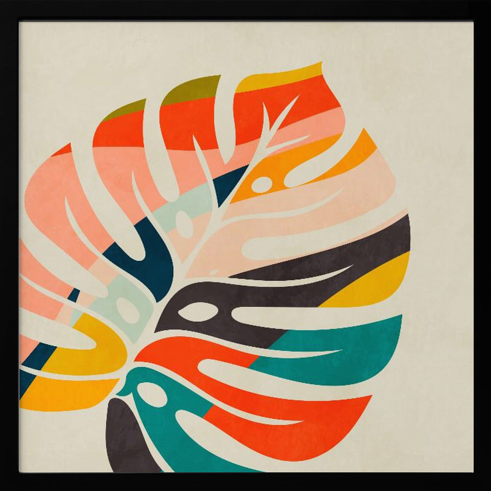 A framed abstract artwork featuring a stylized Monstera leaf. The leaf is composed of various colorful blocks and stripes in orange, teal, pink, and dark blue, set against a beige background. Print