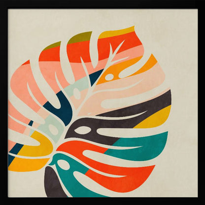 A framed abstract artwork featuring a stylized Monstera leaf. The leaf is composed of various colorful blocks and stripes in orange, teal, pink, and dark blue, set against a beige background. Print