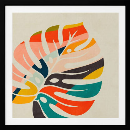 A framed abstract artwork featuring a stylized Monstera leaf. The leaf is composed of various colorful blocks and stripes in orange, teal, pink, and dark blue, set against a beige background. Print